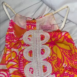 Lilly Pulitzer Pink, Orange & Yellow Printed Sundress with Lace Applique
